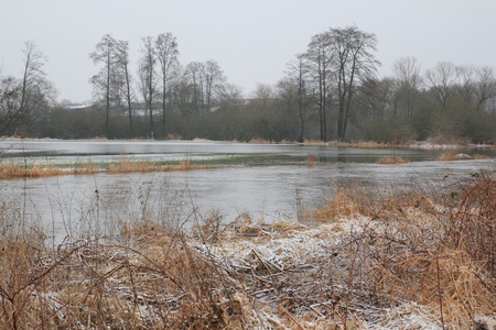 flooded winter landscape near Schwandorf in bavariaの写真素材