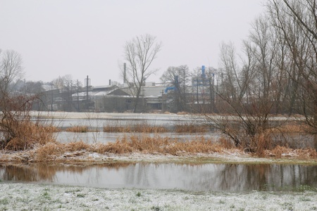 flooded winter landscape near Schwandorf in bavariaの写真素材