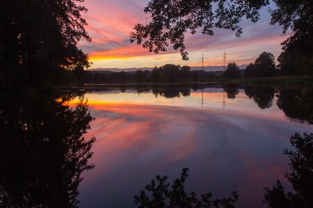 the lriver Naab at Schwandorf  in Bavaria at sundownの写真素材