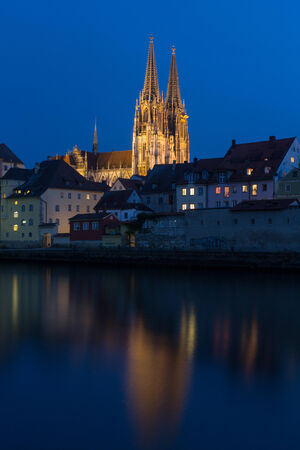 The Bavarian city Regensburg at sundownの写真素材