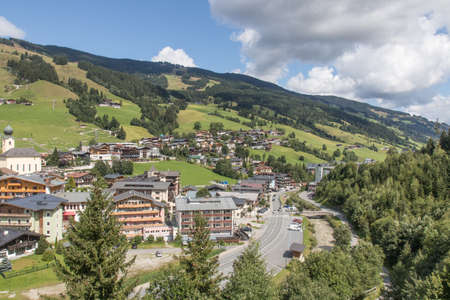 hiking in the mountains around saalbach hinterglemm in austriaの写真素材