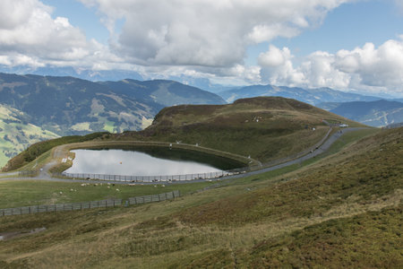 hiking in the mountains around saalbach hinterglemm in austriaの写真素材
