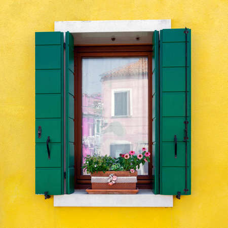 Traditional colorful residential house window with opened shutters and flower pot in venetian island of Buranoの写真素材