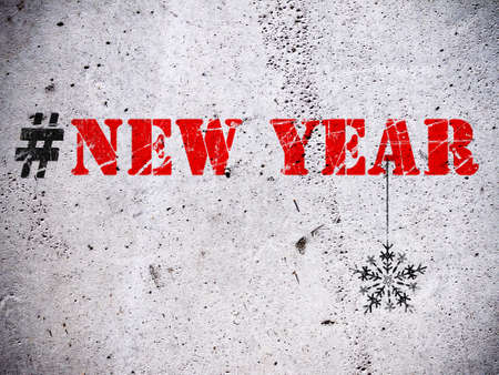 New Year hashtag rubber stamp on grunge concrete wall illustrationの写真素材