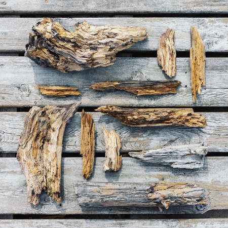 Old rotten wooden pieces and fragments well organized on wooden plank background, top viewの写真素材