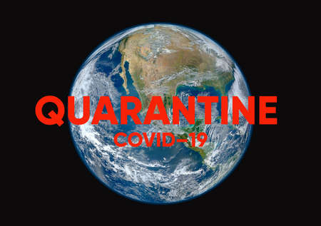 Coronavirus global outbreak and pandemic, COVID 19 quarantine illustration with planet Earth as seen from cosmos and red textの写真素材