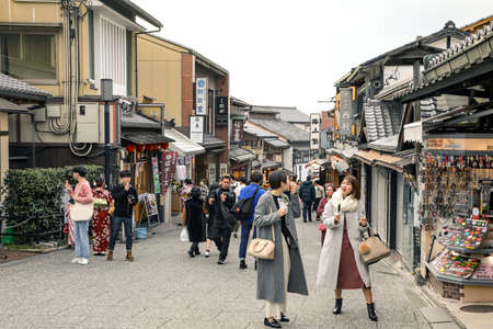 Kyoto, Japan - 13 February, 2020: People walking in the old street of Gion, tourist attraction destination in Kyoto, Japanのeditorial素材