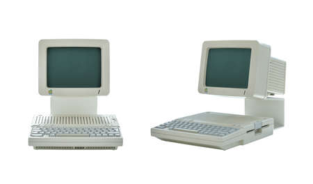 Vilnius, Lithuania - 03 September 2020: Vintage retro classic Apple Macintosh desktop computers from the eighties  isolated on white background. Two front view and side view retro PCのeditorial素材