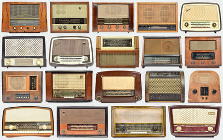 Vilnius, Lithuania - November 21, 2020: Collection of old vintage radios, retro audio equipment backgroundのeditorial素材