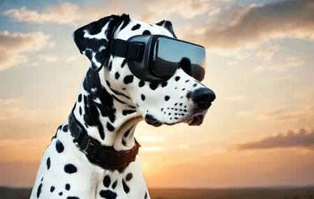 Dalmatian dog wearing virtual reality glasses outdoors in sunsetの素材