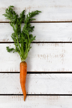 A carrot on a white wooden backdrop.の写真素材