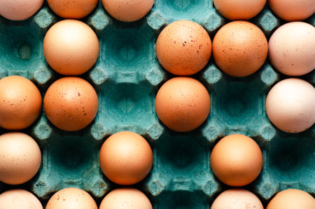 Raw chicken eggs in a turquoise egg box.の写真素材