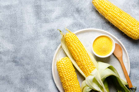 Three corncobs, a bowl with cornmeal and a wooden spoon in a plate on a gray background.の写真素材