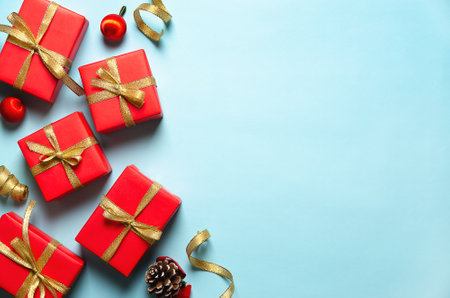 Christmas decoration on light blue background. Copyspace.の写真素材
