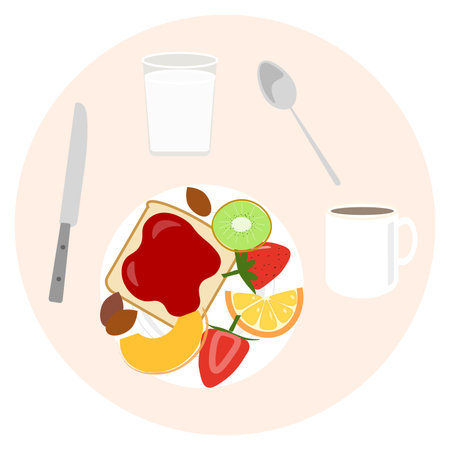 <p>Breakfast set. Toast, coffee, juice, nuts, and fresh fruits. Vector illustration.</p>のイラスト素材