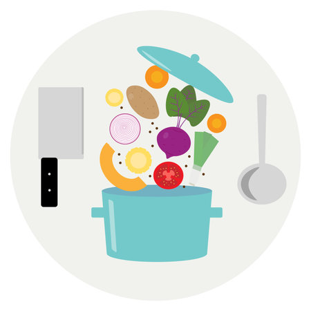 <p>Vegetables and kitchen utensils in a pot. Vector illustration.</p>のイラスト素材