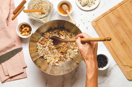 Cooking homemade granola. Top view of a woman mixing oatmeal and nuts in a bowl with a wooden spoon on white marble surface.の写真素材