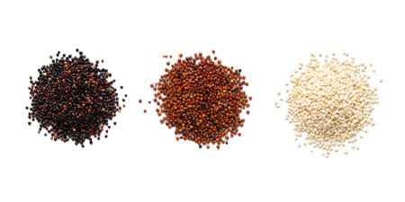 Black, red, and white quinoa on white background.の写真素材