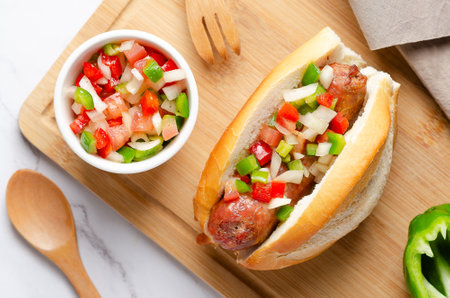 A choripan with Argentinian criolla sauce on a wooden board, a green pepper, wooden fork and spoon, and a brown napkin on white marble background.の写真素材