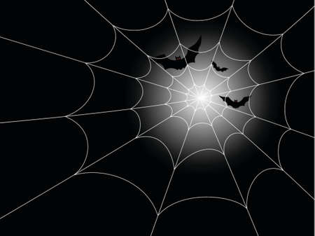 Illustration of red-eyed bats in flight against a moonlit night, with a spiderweb in the foreground. Fully editable vector file.のイラスト素材