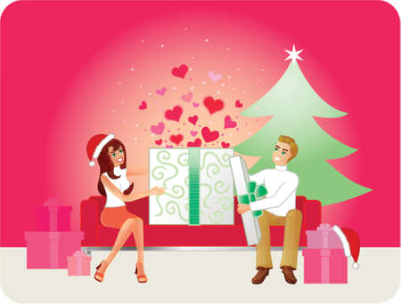 Gift Of Love - Christmas Version. A couple sitting on a modern sofa open their Christmas gifts. Hearts leap out when the box is opened. A similar generic version also available at http://www.123rf.com/photo_280943.htmlのイラスト素材