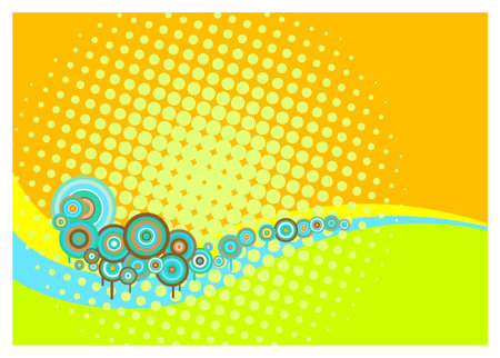 Retro background with circles, wavy lines and halftone dots in bright summery coloursのイラスト素材