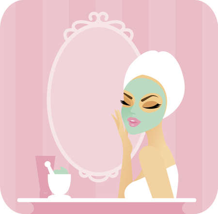 Young woman with a towel over her hair applying a facial mask in front of a vanity mirror  On the counter are some tools and ingredients for making a homemade organic mask  のイラスト素材