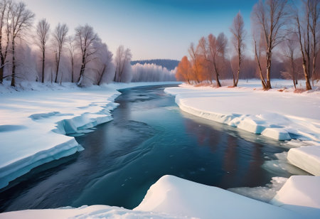 Beautiful winter landscape with frozen river and trees in hoarfrostの素材