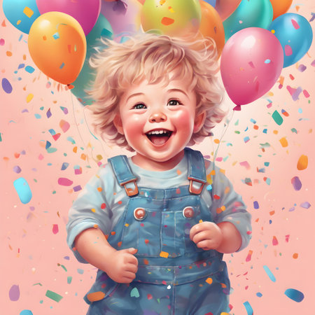 Cheerful little boy with balloons and confetti on pink background. Gift for mom and dadの素材