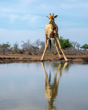 Lone Giraffe Dribbling Water Spray at a Waterhole in Botswana, Africaの写真素材