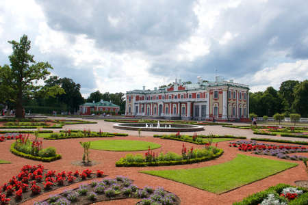 Manicured grounds of Kadriorg Palace , Tallinn, Estonia with landscaped flower beds and central fountain in a travel and tourism conceptのeditorial素材