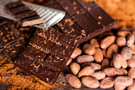 Chocolate products. Chocolate, cocoa beans, cocoa and nuts on wooden backgroundの写真素材