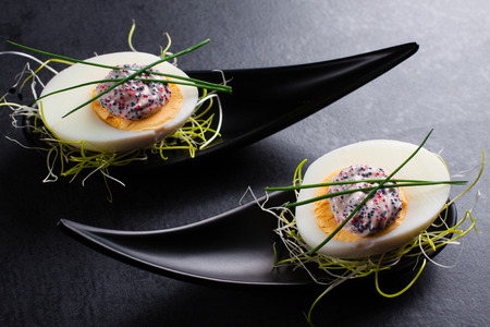 Appetizer on fingerspoon egg with caviarの写真素材