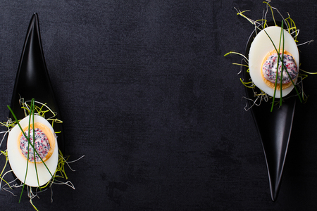 Appetizer on fingerspoon egg with caviar with copy space.の写真素材