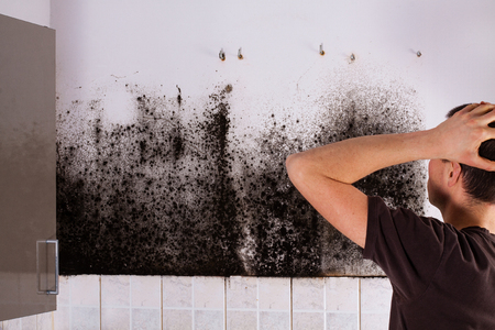Man shocked to mold a kitchen cabinet.の写真素材