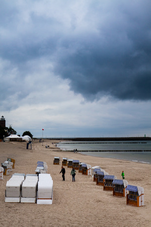 Kolobrzeg, Poland - June 21, 2016: Wicker beach chair before start of the season.のeditorial素材