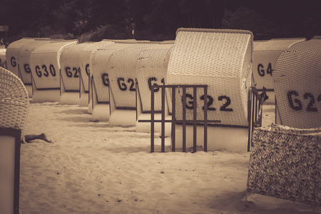 Rental of traditional beach chairs on the beach.の写真素材