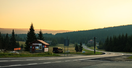 Szklarska Poreba / Jakuszyce, Poland - August 28.2016: Sunrise at Jakuszycka clearing, road curves to szklarska chopped.のeditorial素材