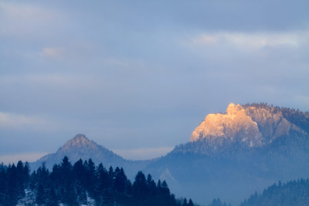 Winter panorama of Pieniny mountain with Three Crowns Peak.の写真素材