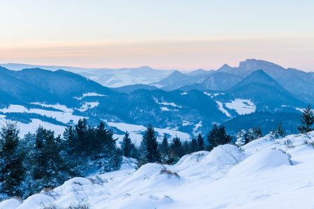 Winter panorama of Pieniny mountain with Three Crowns Peak.の写真素材