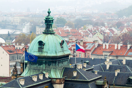 Prague rooftops panorama with the Straka Academy in front.の写真素材