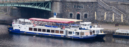 Prague, Czechia: November 11, 2016: Tourist Boats on the Vltava river.のeditorial素材