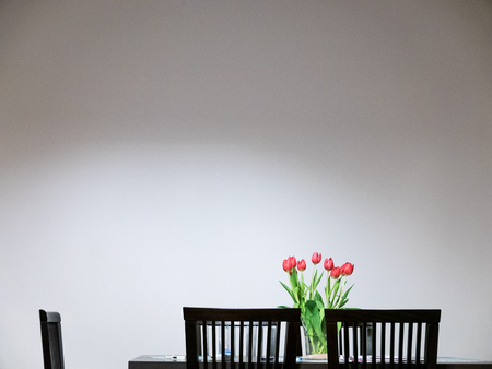 Beautiful tulips bouquet on wooden table.の写真素材