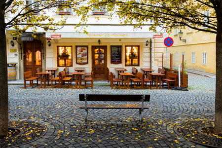 PRAGUE, CZECH REPUBLIC - November 12, 2016: The entrance to the restaurant in Prague.のeditorial素材
