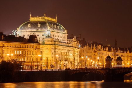 Night view on National Theatre from under Charles Bridge.のeditorial素材