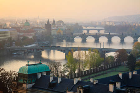 View of Vltava river with many bridges and famous Charles Bridge, morning time.の写真素材