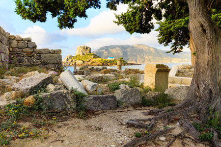 Ancient ruins and Kastri small island in Kos island Greeceの写真素材