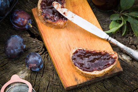 Sandwich with fresh plum jam lying on old wooden stump in garden.の写真素材