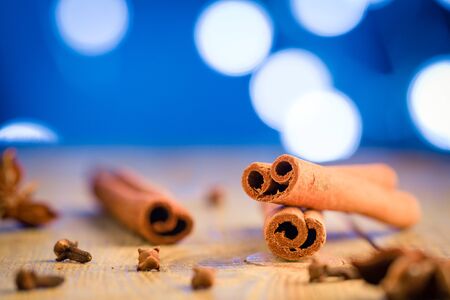 Cinnamon sticks and cloves in christmas light.の写真素材