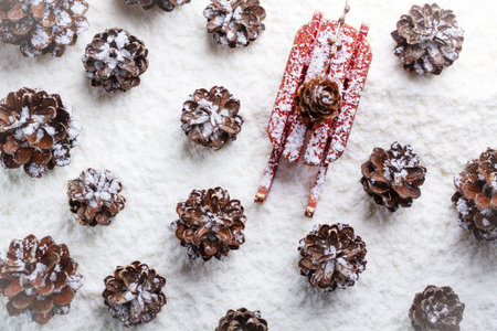 Christmas decoration, view from above for cone and sleigh frosted by snow.